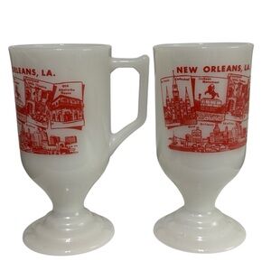Set of 2 Vintage New Orleans White Milk Glass w Red Souvenir Pedestal Mugs Cups
